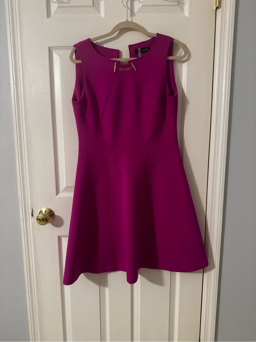 Sleeveless Fuchsia Scuba Fit-and-Flare Dress with Gold Accent